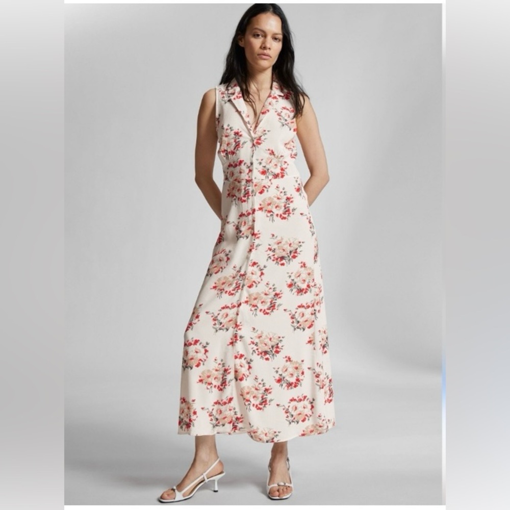 & Other Stories Collared Floral Midi Dress Sleeveless Button Down Red $99 retail